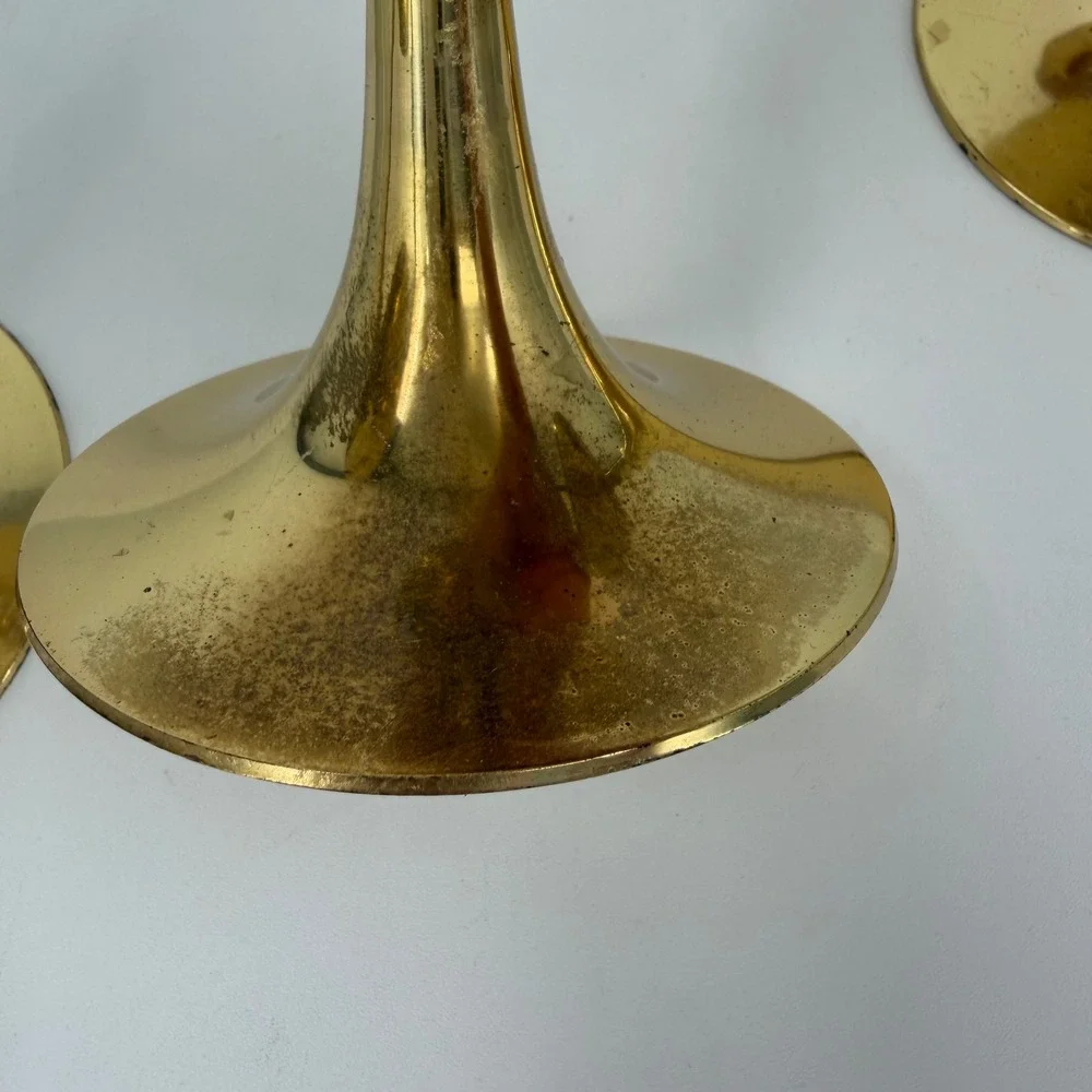 Vintage Graduated Lacquered Brass Spike Candle Holder Set  3 Made in India Gold